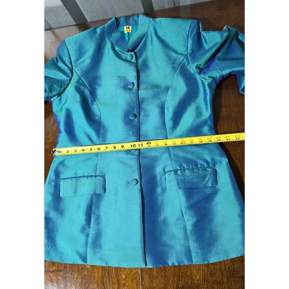 Vtg Cedro 2 Piece Womens Suit Sz S/M Iridescent Teal Blue 100% Silk Pantsuit Set - Picture 9 of 16